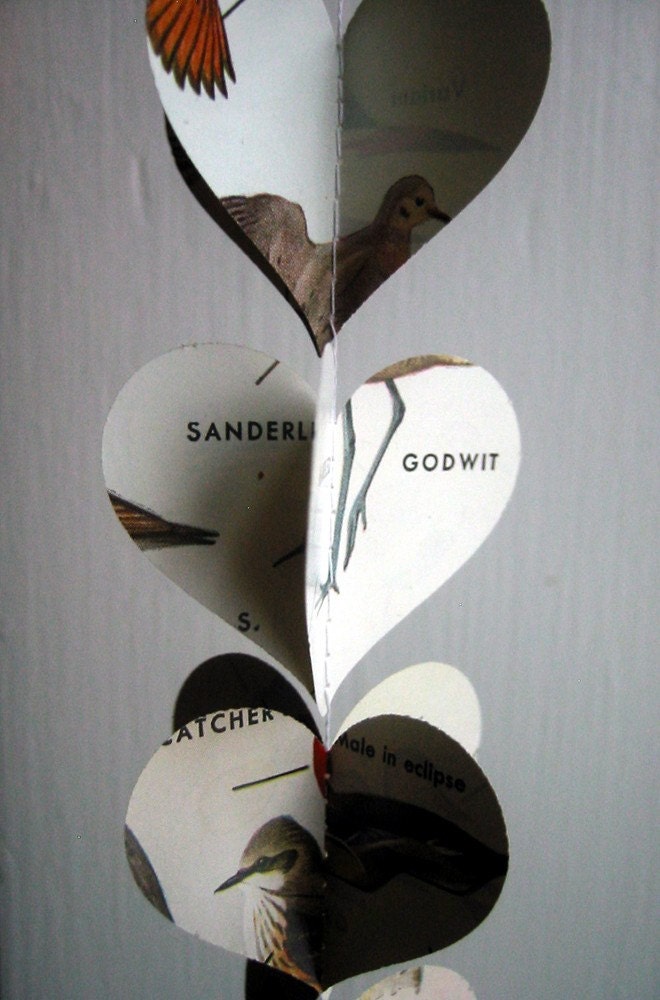 Heart Garland- Birds- Paper Decoration- Vintage Field Guide to Birds