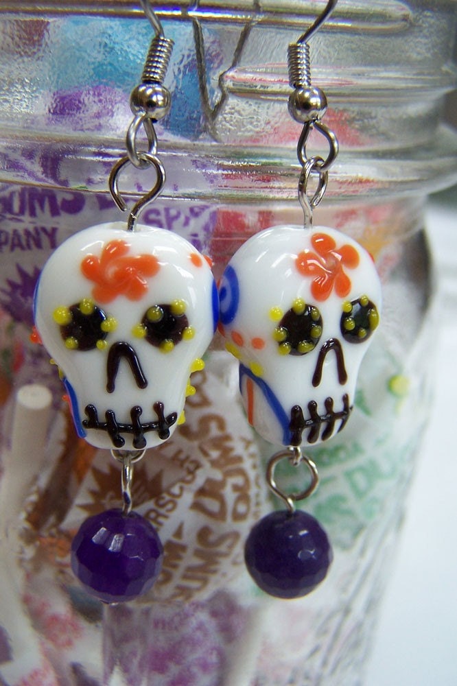 Glass Sugar Skull and Purple Glass Drop Earrings