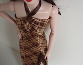 SALE: OOAK Brown plaid satin gown for 16 inch fashion dolls