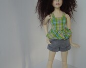 OOAK Plaid tank with peplum and grey shorts with pockets for MSD ball-jointed dolls