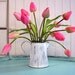 Think Spring -  Mini Pink Tulips in white distressed water can- 10% off SPRING SALE - Shabby chic, cottage, garden decor - Birthday