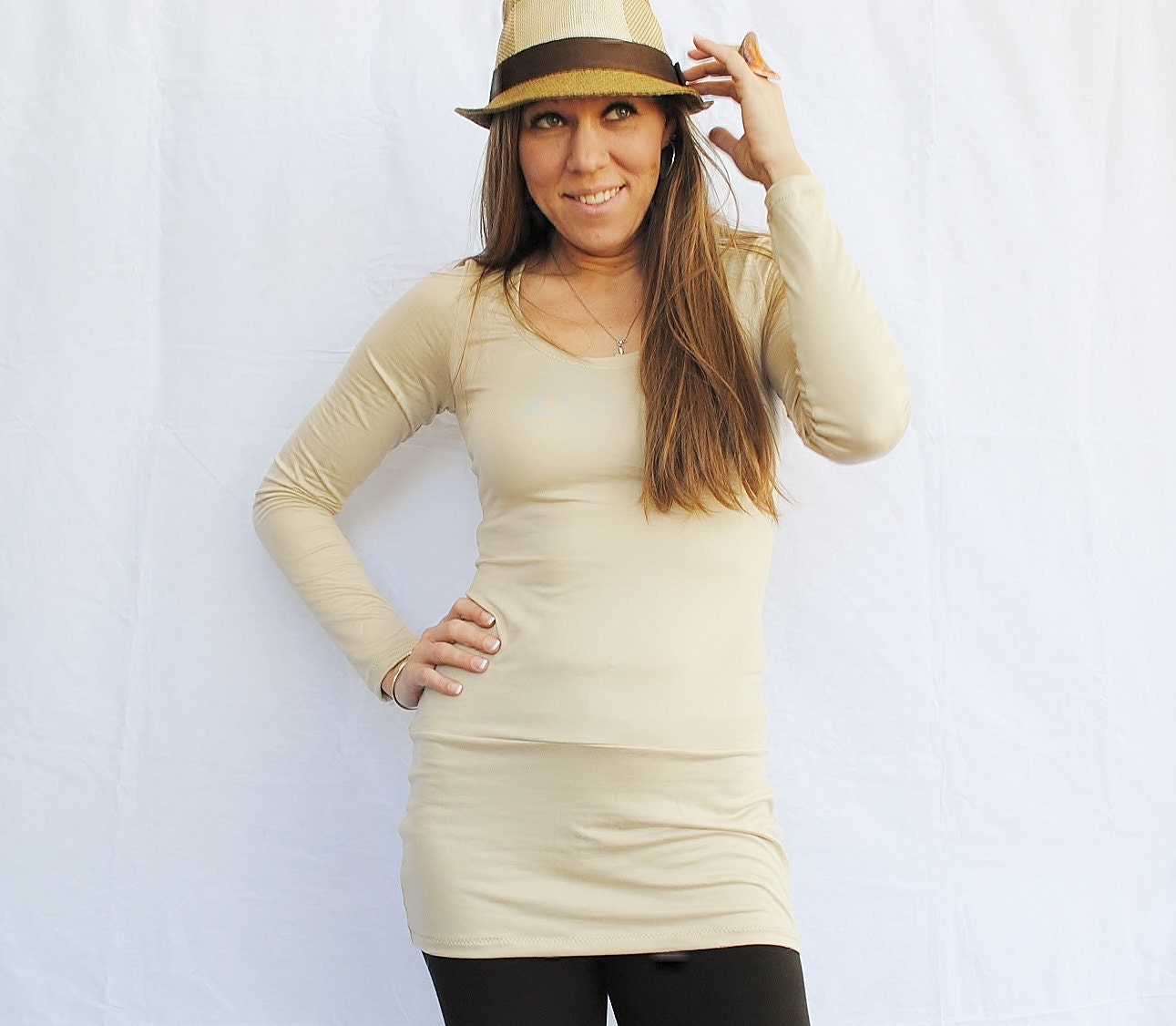 Cream  Tunic Hiphugger Top Womens Clothing Shirt