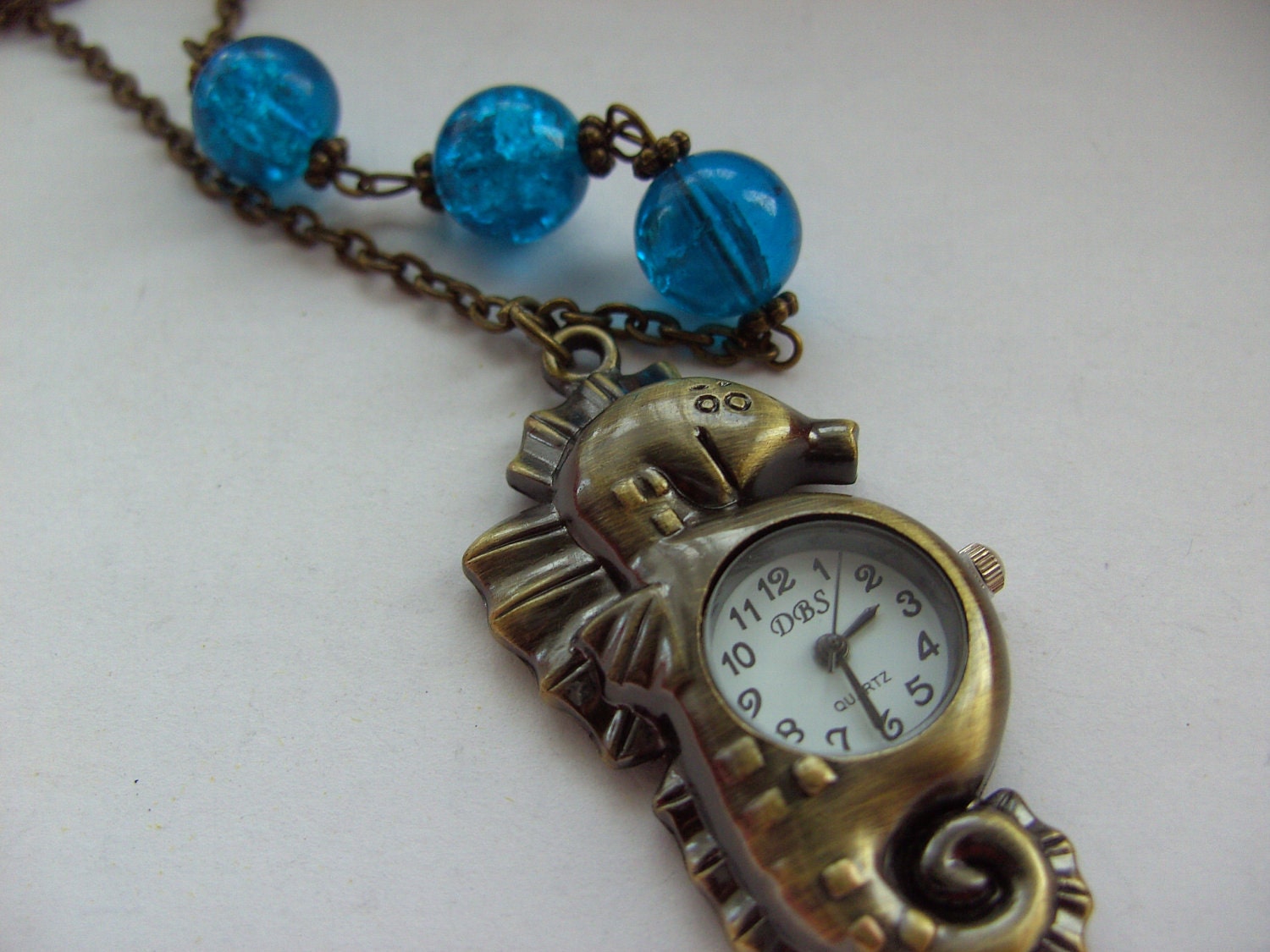 Seahorse, Watch, pendant, bronze, Blue, bubbles, Ocean, Sea, pocket watch, necklace, by NewellsJewels on etsy