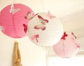 30 Butterflies, 3 Lanterns, Paper, Art,  Hanging, 3D,  Pink, White, Red, Nursery, Baby, Wedding Decor,Shower, Girls Room