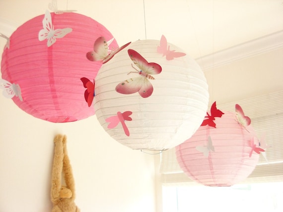 30 Butterflies, 3 Lanterns, Paper, Art,  Hanging, 3D,  Pink, White, Red, Nursery, Baby, Wedding Decor,Shower, Girls Room