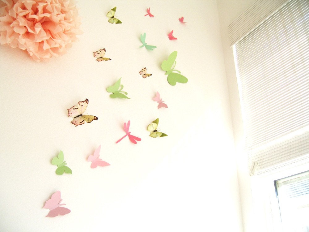 15 3D Wall Butterflies,3D Butterfly Wall Art, Decoration, Pink, Green, 3D Wall Decor,Nursery, Baby, Wedding Decor, Baby Shower, Girls Room