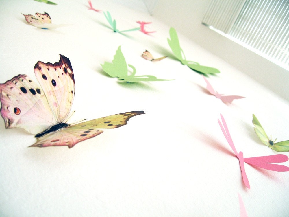 15 3D Wall Butterflies,3D Butterfly Wall Art, Decoration, Pink, Green, 3D Wall Decor,Nursery, Baby, Wedding Decor, Baby Shower, Girls Room