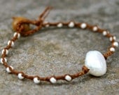 Pearl Braided Bracelet Brown and Pearl White- Beach Jewelry