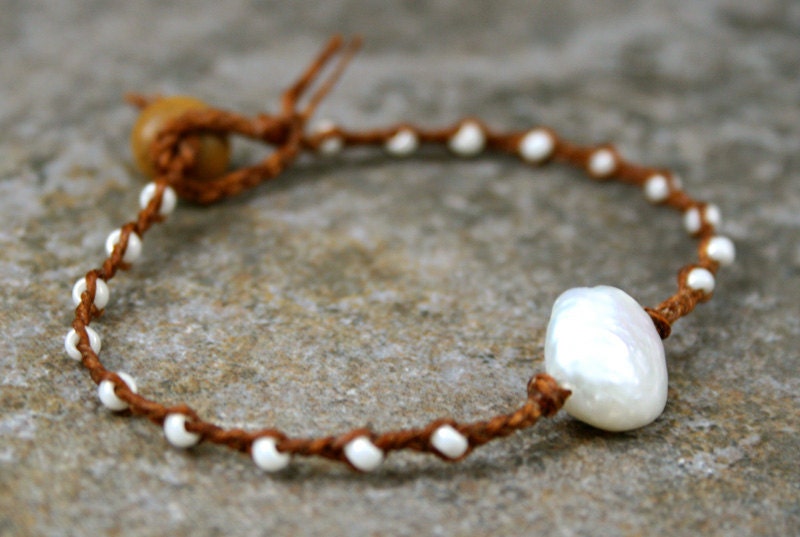 Pearl Braided Bracelet Brown and Pearl White- Beach Jewelry