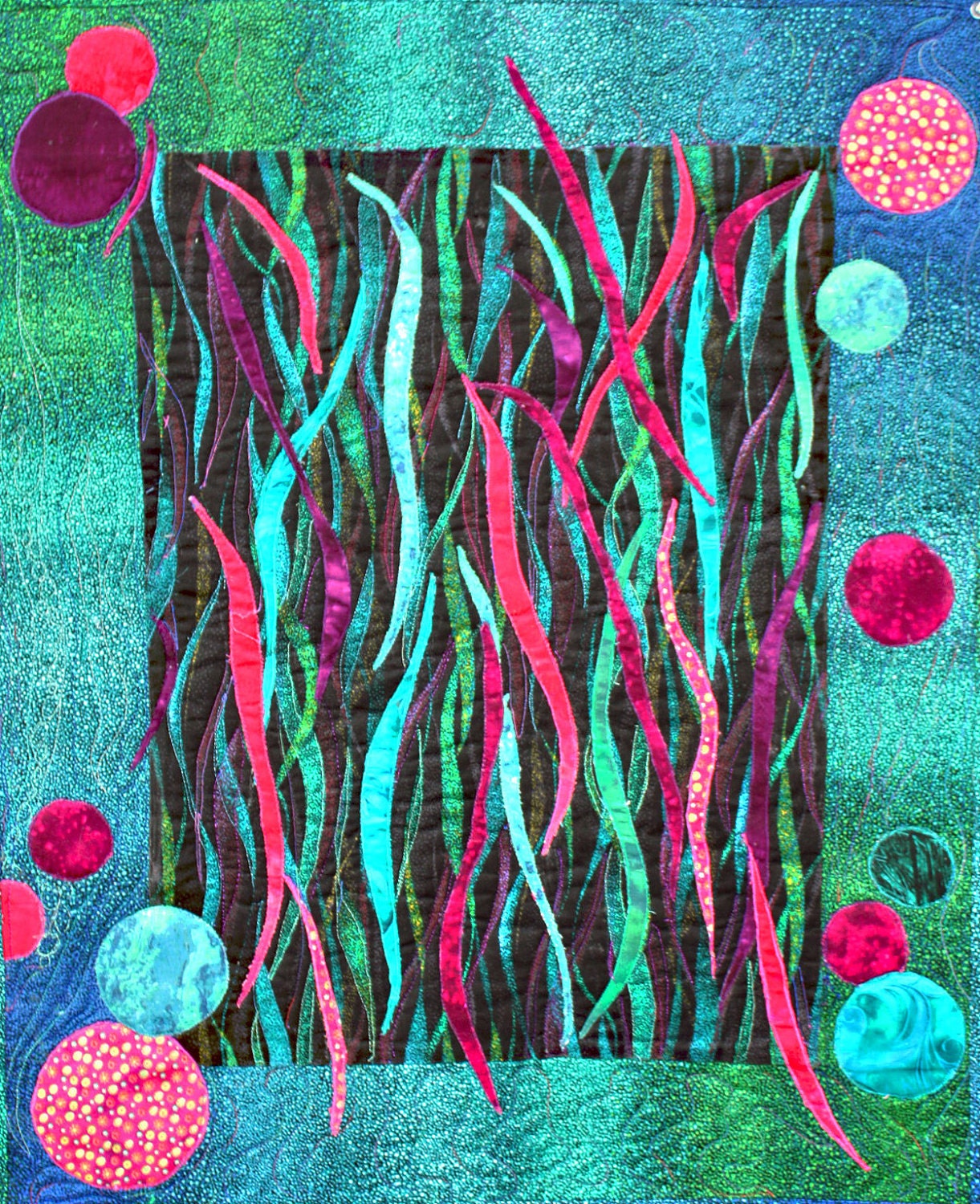 an art quilt wall hanging with contemporary style Reduced Price teal, fuchsia, purple and black