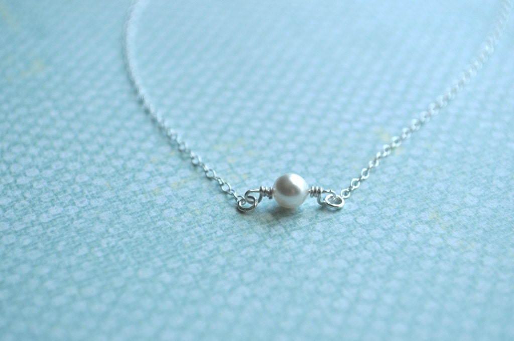 Single Pearl Necklace - tiny white round swarovski pearl sterling silver - simple bridal wedding or everyday jewelry - adenandclaire
