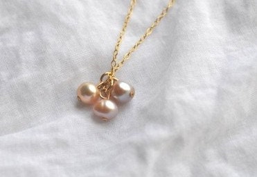 Pink Pearl Necklace - tiny freshwater three pearl cluster gold filled - simple dainty jewelry - adenandclaire