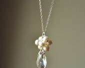 Pearl Cluster Drop Necklace - white swarovski pearl clear tear drop pendant sterling silver or gold filled - simple wedding jewelry