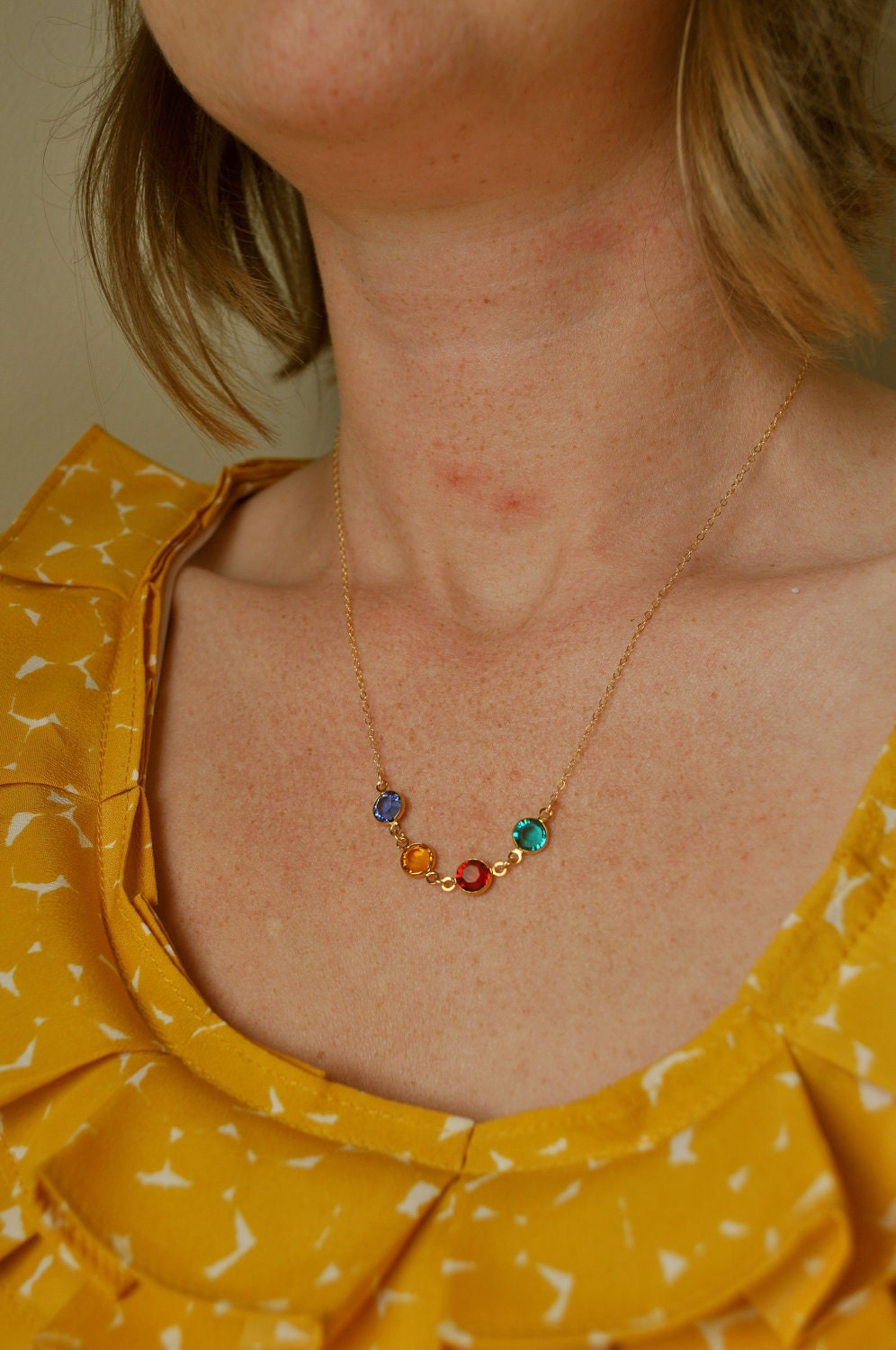 Four Pebbles Necklace - tiny round swarovski crystal gem gold filled - custom birthstone colors - simple everyday mommy jewelry