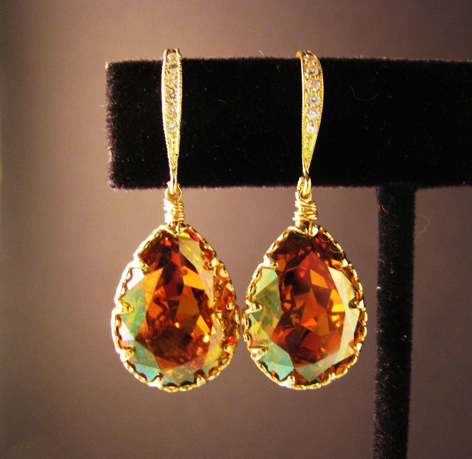 Swarovski crystal copper teardrop earrings with gold vermeil hook - Free US shipping
