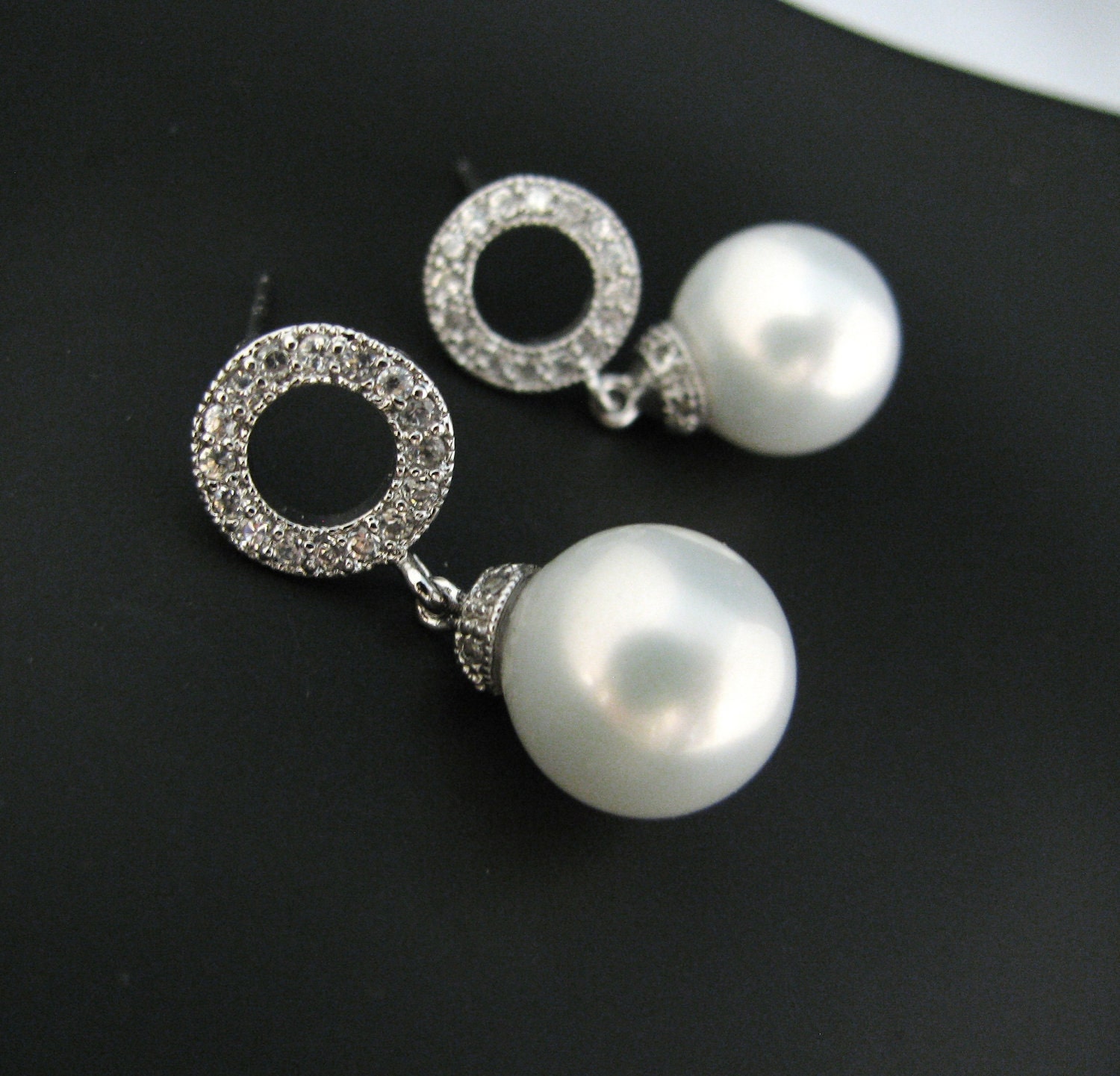 Elegant white pearl earring with round circular cubic zirconia earring post -Free US shipping