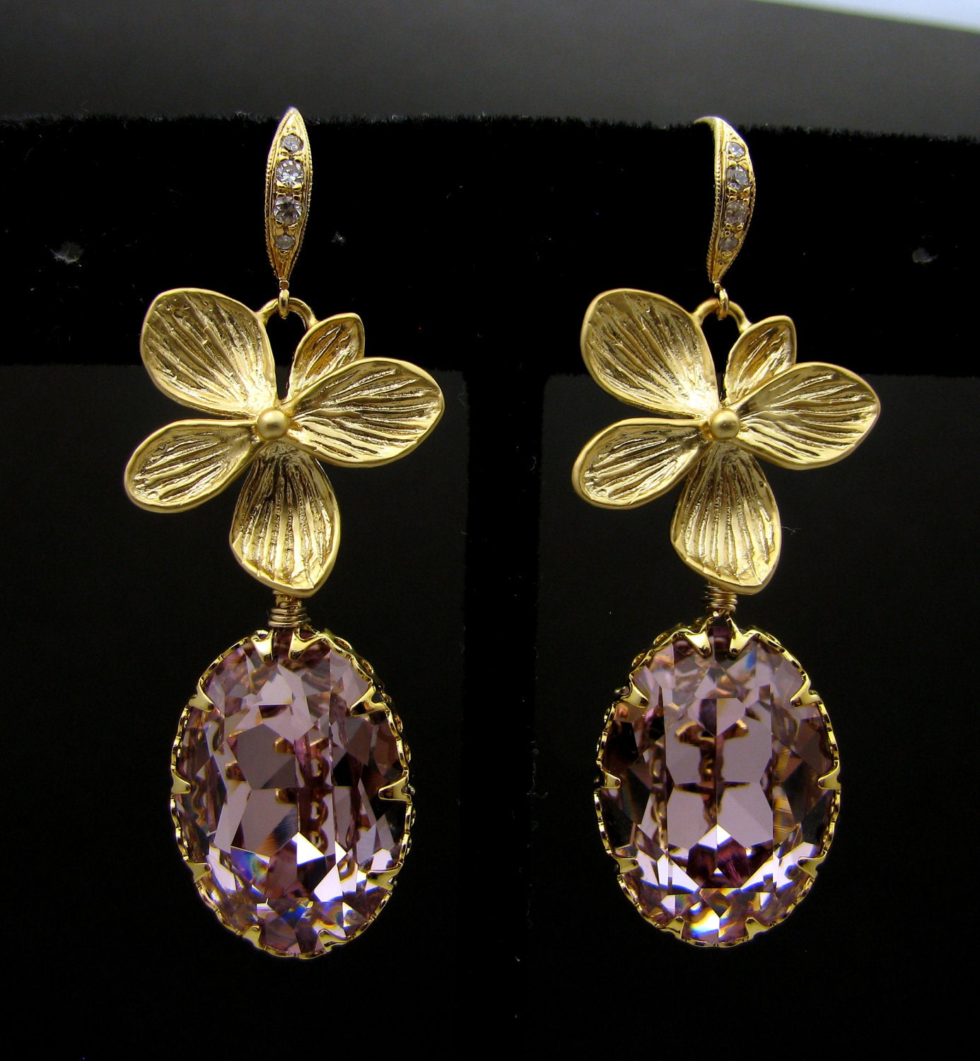 golden orchid flower connector earrings with swarovski light amethyst rhinestone bezel drop earrings - Free US shipping