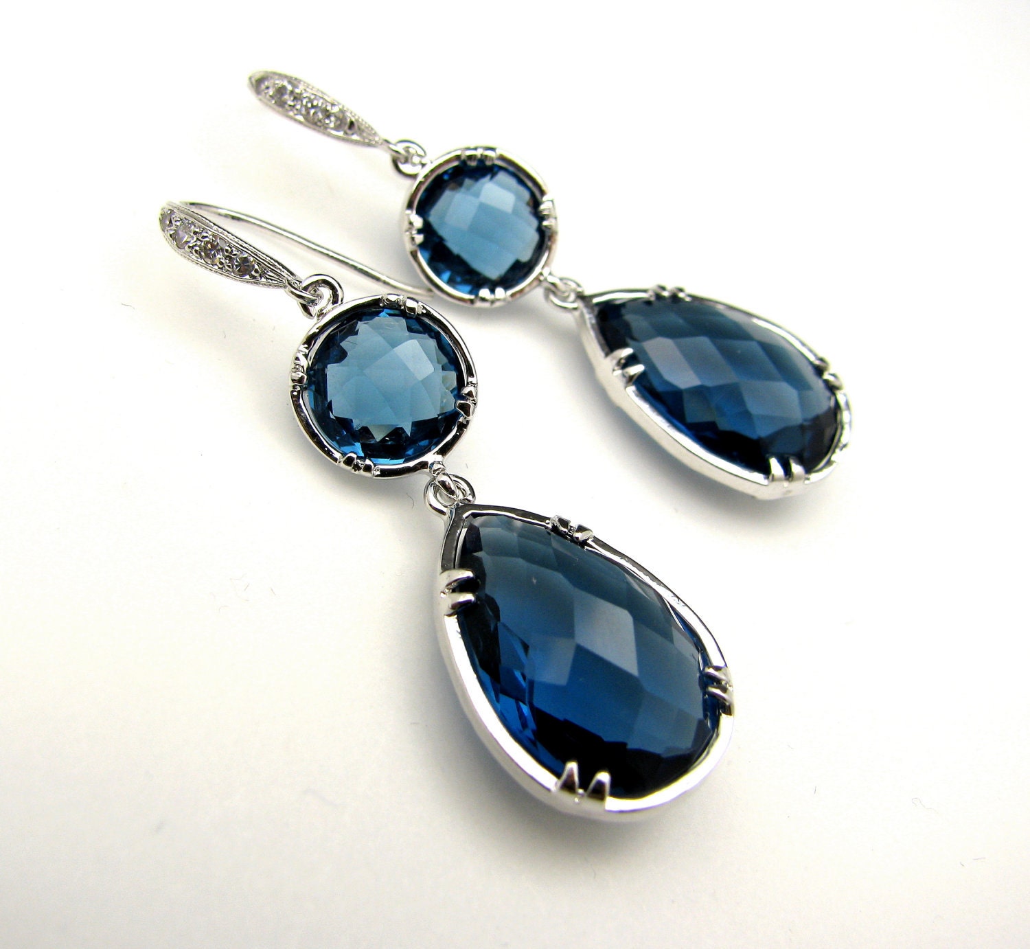 Sapphire blue crystal quartz pendant drop and connectors with white gold cz hook earrings - Free US shipping