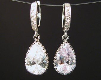 STERLING SILVER-bridal wedding clear white teardrop cz on cz hoop sterling silver earrings - Free US shipping