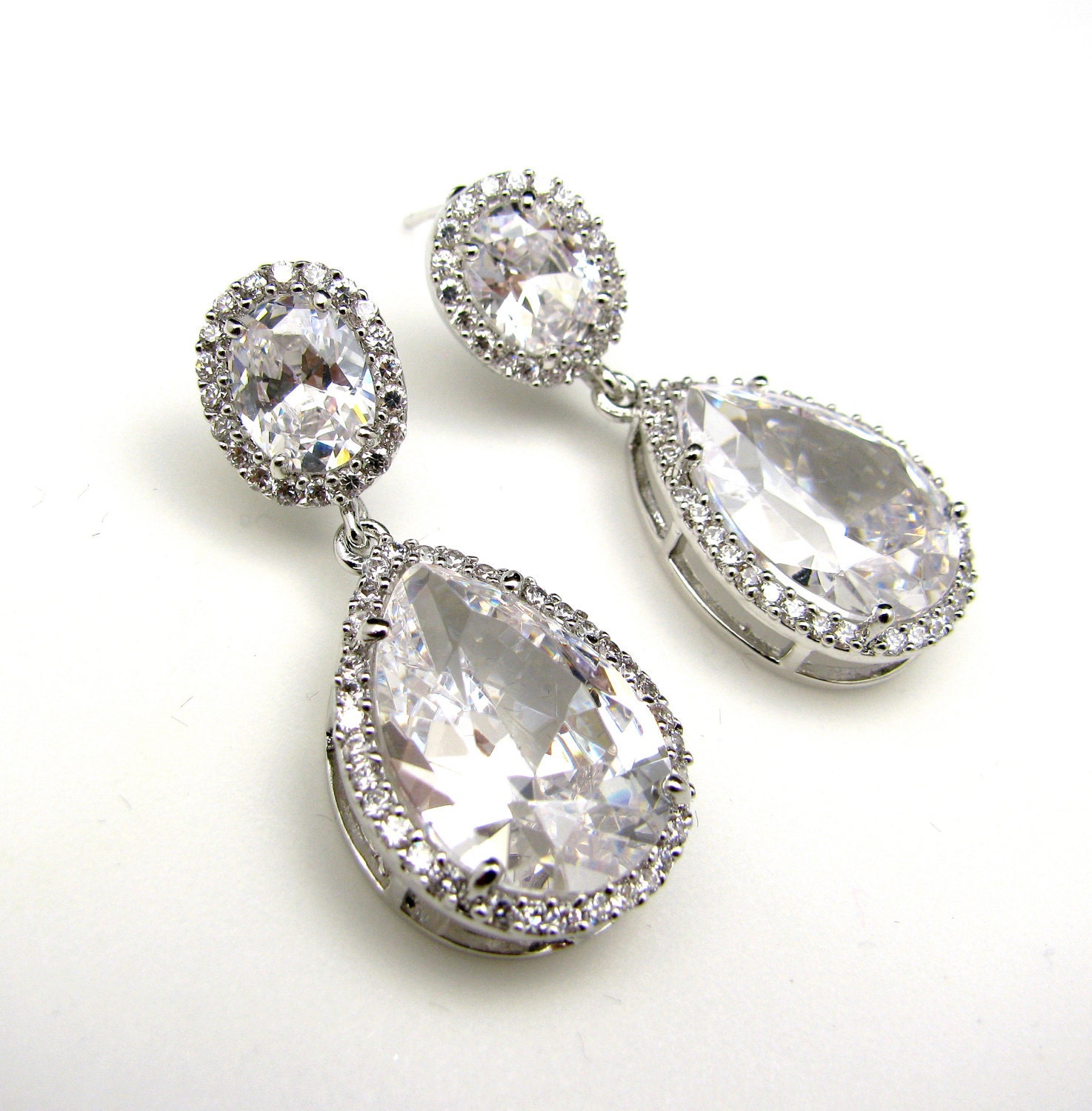 wedding jewelry bridal jewelry wedding earrings bridal earrings Clear white teardrop AAA cubic zirconia on oval cz post