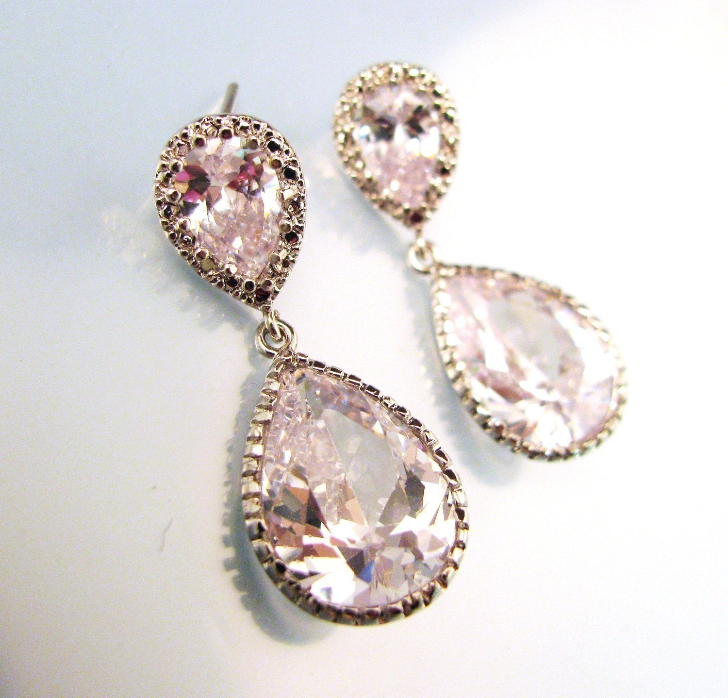 bridal wedding Clear white teardrop cubic zirconia cz on teardrop cz post earrings - Free US shipping
