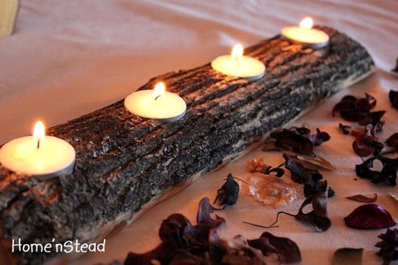 Log Candle Holder Rustic Wedding Cabin Decor Table Piece Slab Ash Wood