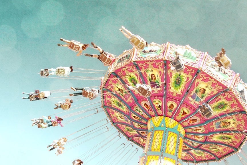 Metallic - Swing Ride - Nostalgic vintage inspired fairground county fair carnival ride soft pastel colors acqua pink bokeh photography metallic print 8x12