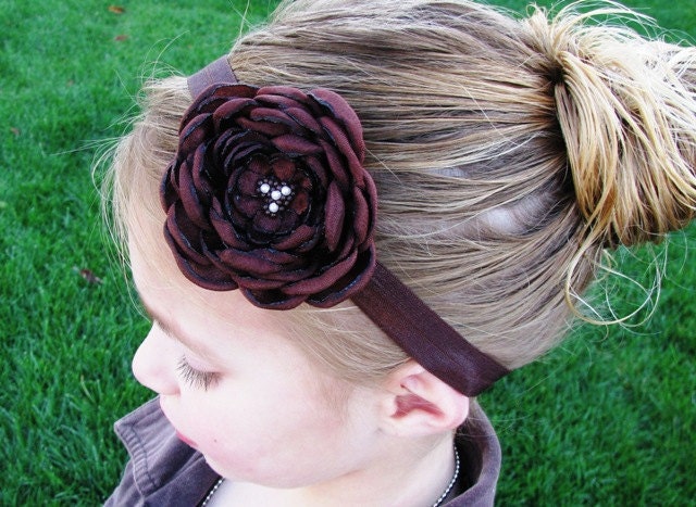 STUNNING Dark Brown Chocolate Dahlia Layered Rosette Satin Flower Headband OR Hair Clip Vintage Inspired Baby Girl Toddler Photography Prop
