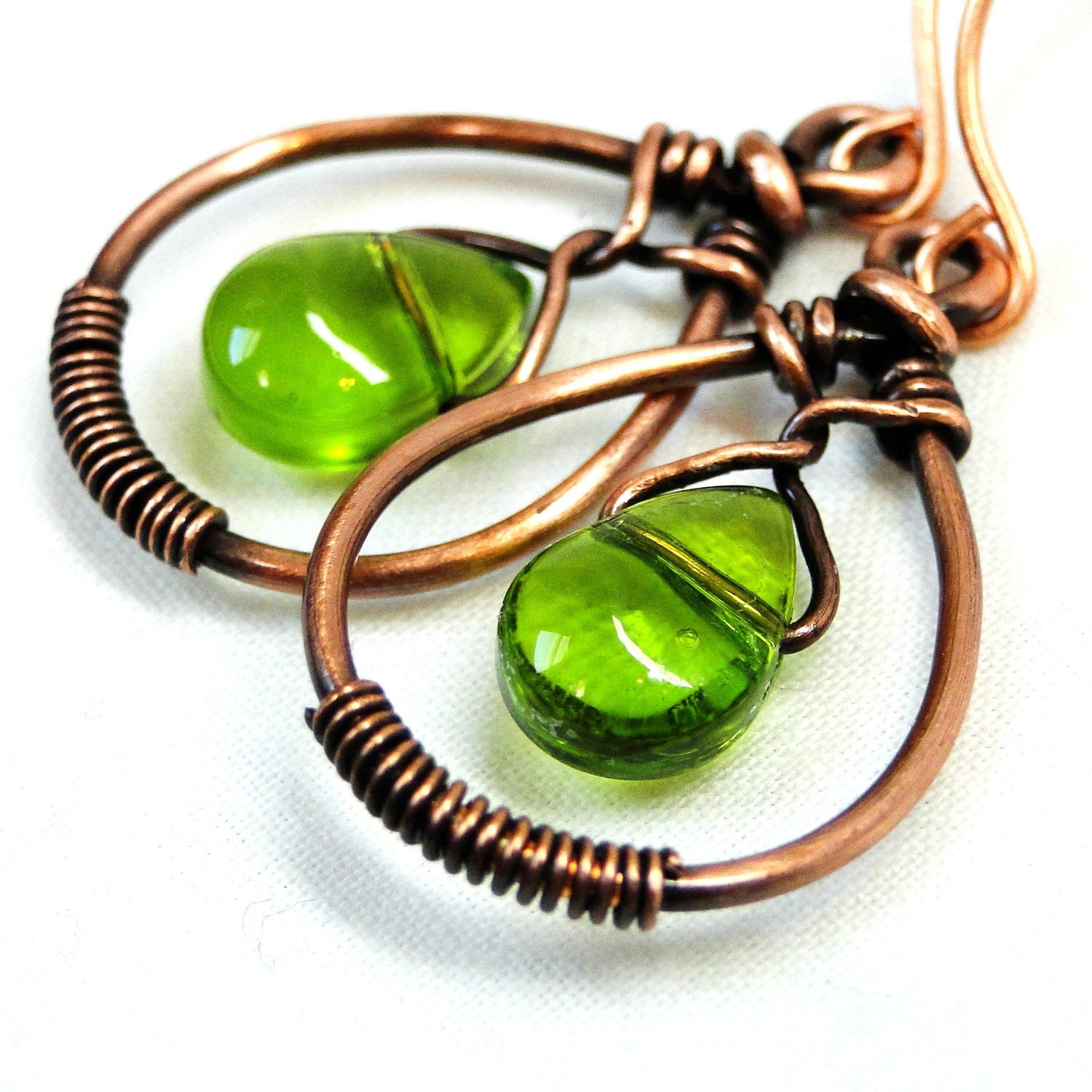 Wire Wrapped Jewelry, Antiqued Copper, Teardrop Earrings, Handcrafted Jewelry, Green Glass Drop Earrings - KariLuJewelry