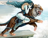 Adventure - romantic art print computer graphics The Amazon all-female warrior fantasy wild tiger princess teal blue mint brown gift for him