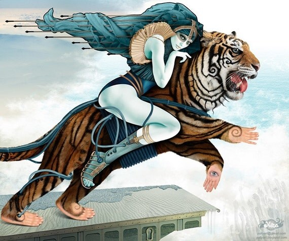 Adventure - romantic art print computer graphics The Amazon all-female warrior fantasy wild tiger princess teal blue mint brown gift for him