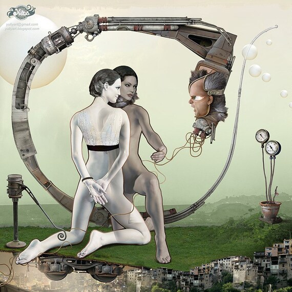 Secret Agent - digital fine art computer graphics photo alteration surreal print interior decor sister nature train grey green beauty beast