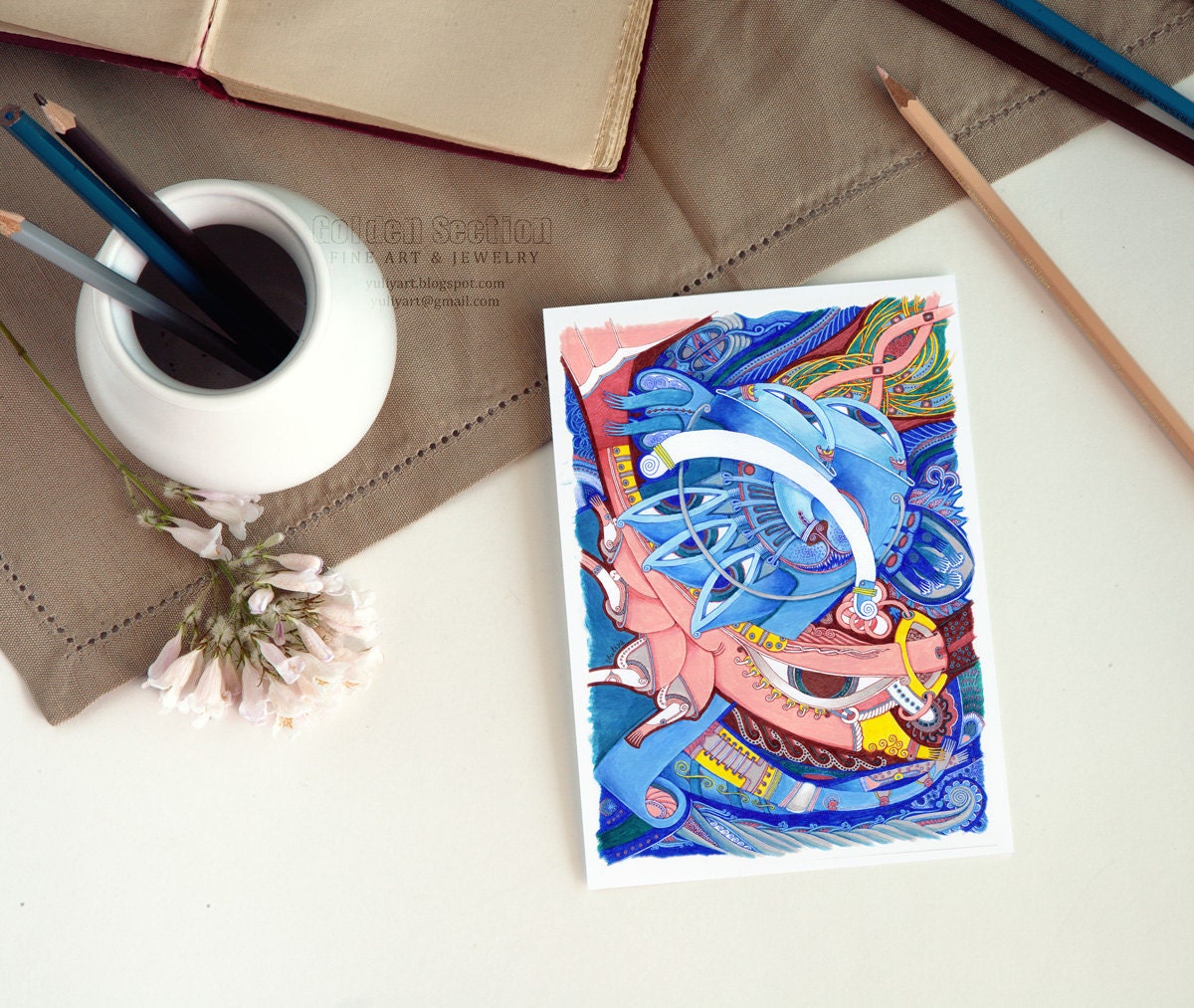 Contemporary home decor fine art print modern surreal illustration drawing modern imaginative fantasy pink blue cat unisex nursery decor kid