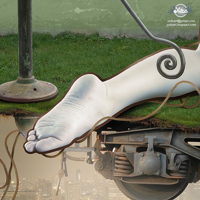 Secret Agent - digital fine art computer graphics photo alteration surreal print interior decor sister nature train grey green beauty beast