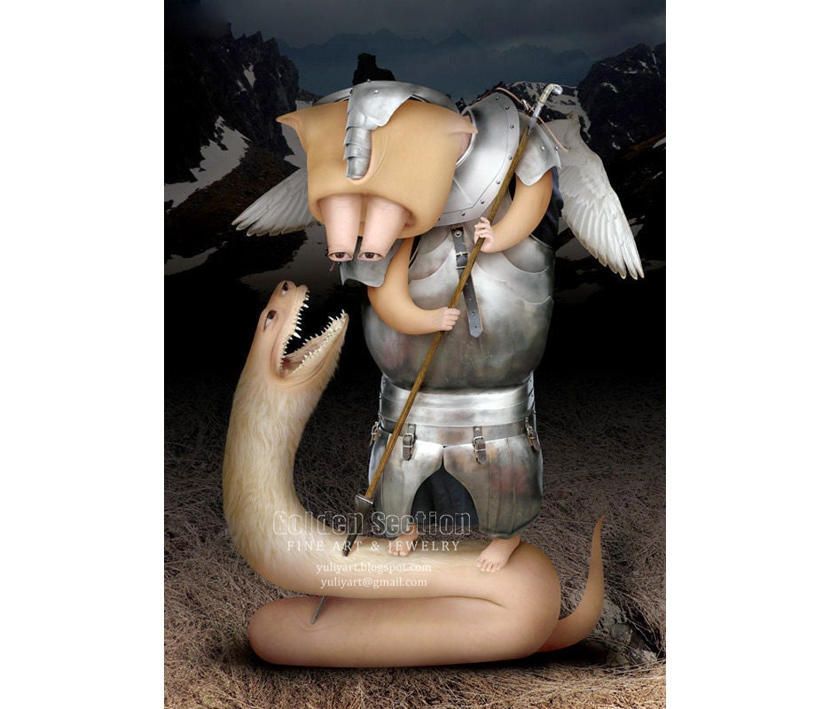 The Moon God fine art digital print computer graphics photo manipulation surreal decor Saint George mythology armor metal spear gear for him