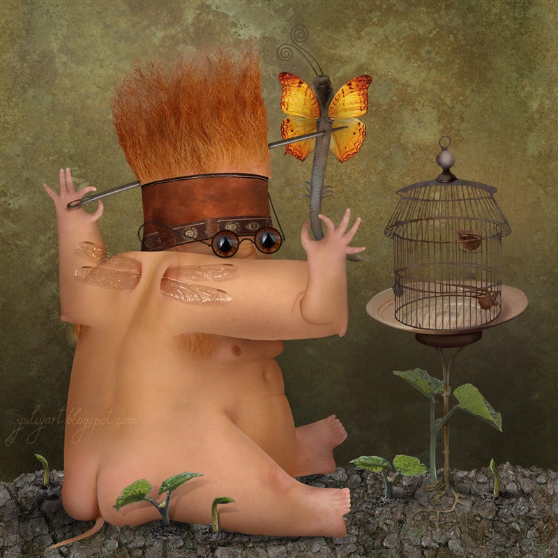 Scientist - surreal digital art photo manipulation computer graphics retouch collage montage butterfly cage needle gardener lab rustic dude
