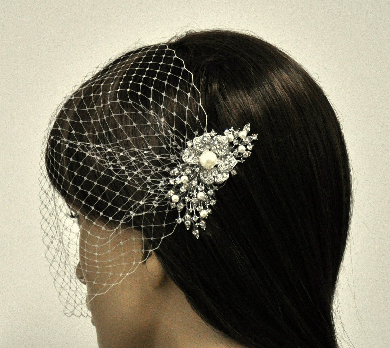 birdcage veil and a bridal comb (2 Items) -  Swarovski Pearls Comb,Wedding comb,bridal headpieces , rhinestone bridal Hair comb
