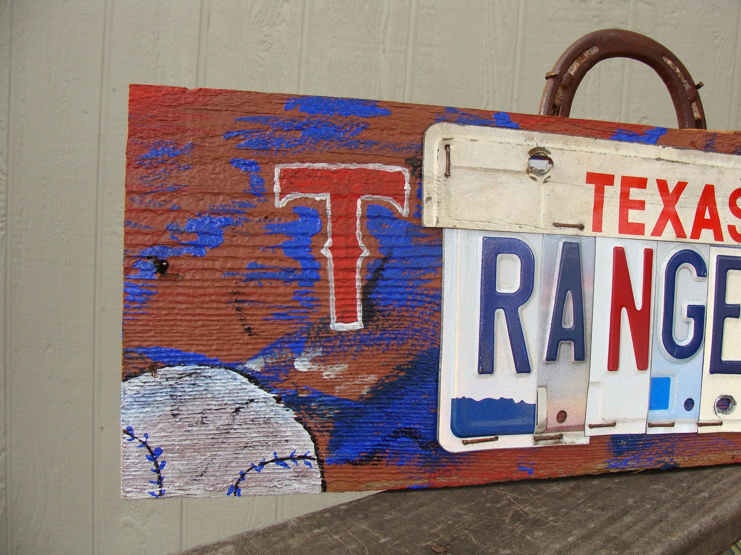 Texas Rangers Baseball License plate Barn Wood Man Cave Sign