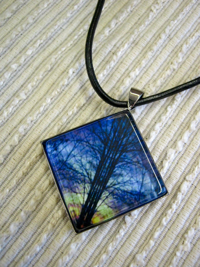 Tree and Sunset Symmetry -  Photo Glass Square Tile Pendant with Leather Cord