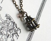 Bird and Tiny Cage Necklace, Antique Gold Chain, Brass, Beaded, Romantic, Whimsy, Jewelry by Ingodshands on Etsy
