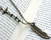 Long Feather Pendant Necklace with Tiny Sparrow, Antique Gold Chain, Brass, Bohemian