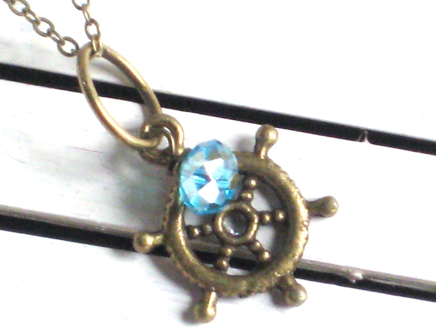 Tiny Ship Wheel Necklace with Blue Crystal, Nautical Charm, Pendant, Antique Gold, Brass