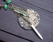 Tribal Style Feather, Stone Dagger, Leaf, Jasper, Carved Wood Necklace on Antique Gold Chain