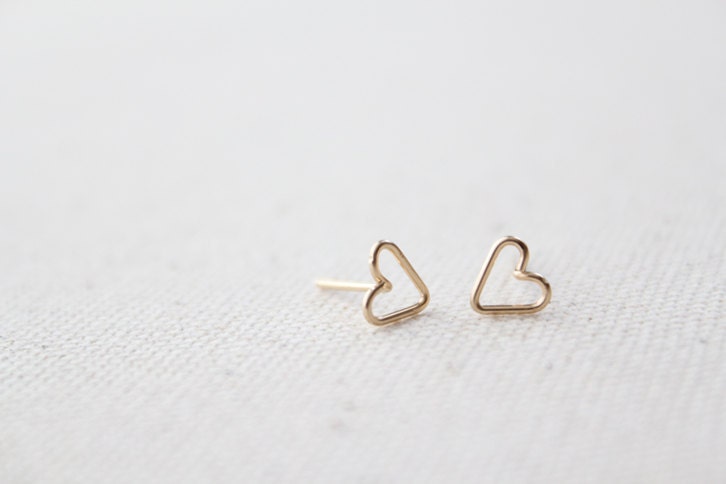 Tiny Open Heart Earring Studs - Hand Formed - Yellow Gold or Rose Gold or Silver - Lorelai