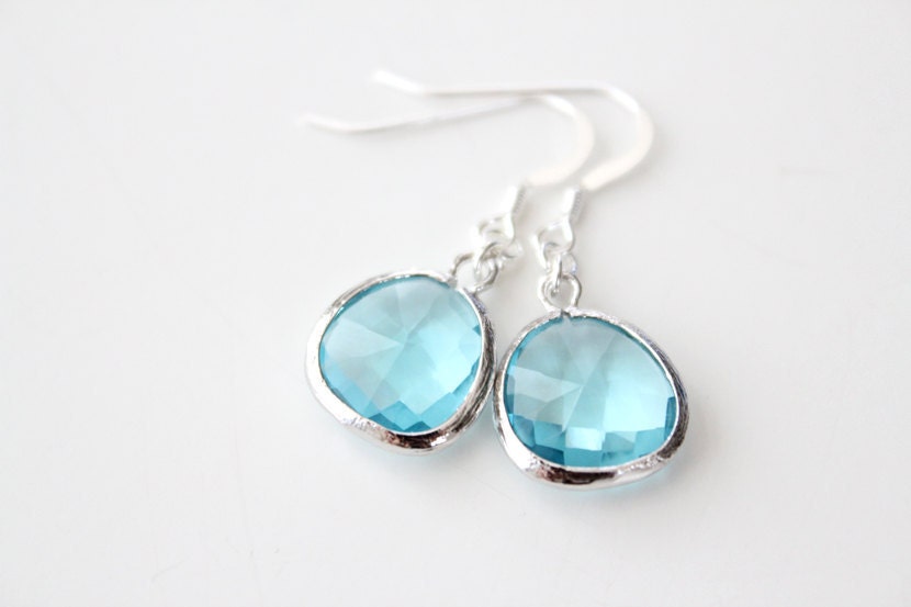 Silver Framed Glass Pendant Earrings - Aquamarine Blue