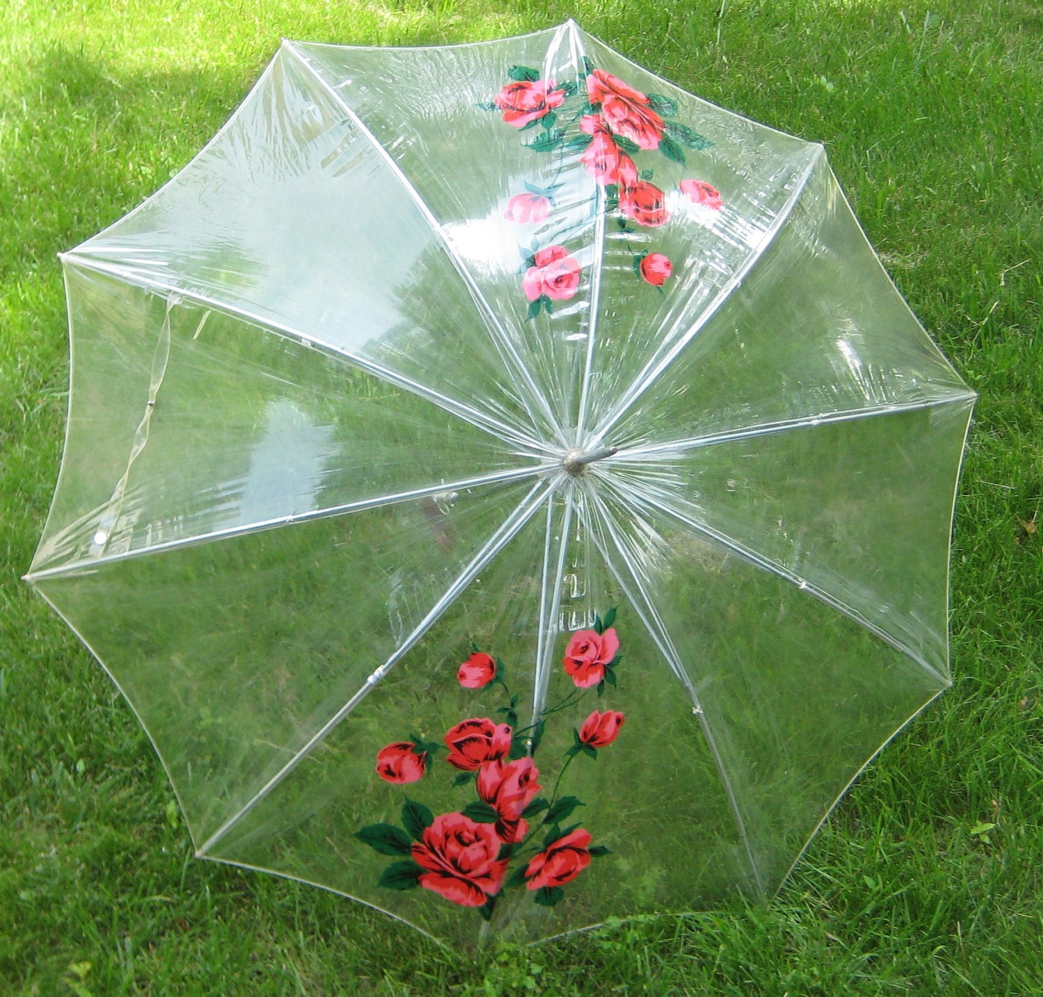Sweet Chic Vintage Retro Clear Vinyl Parasol Umbrella With Pink Red Roses Way Chic