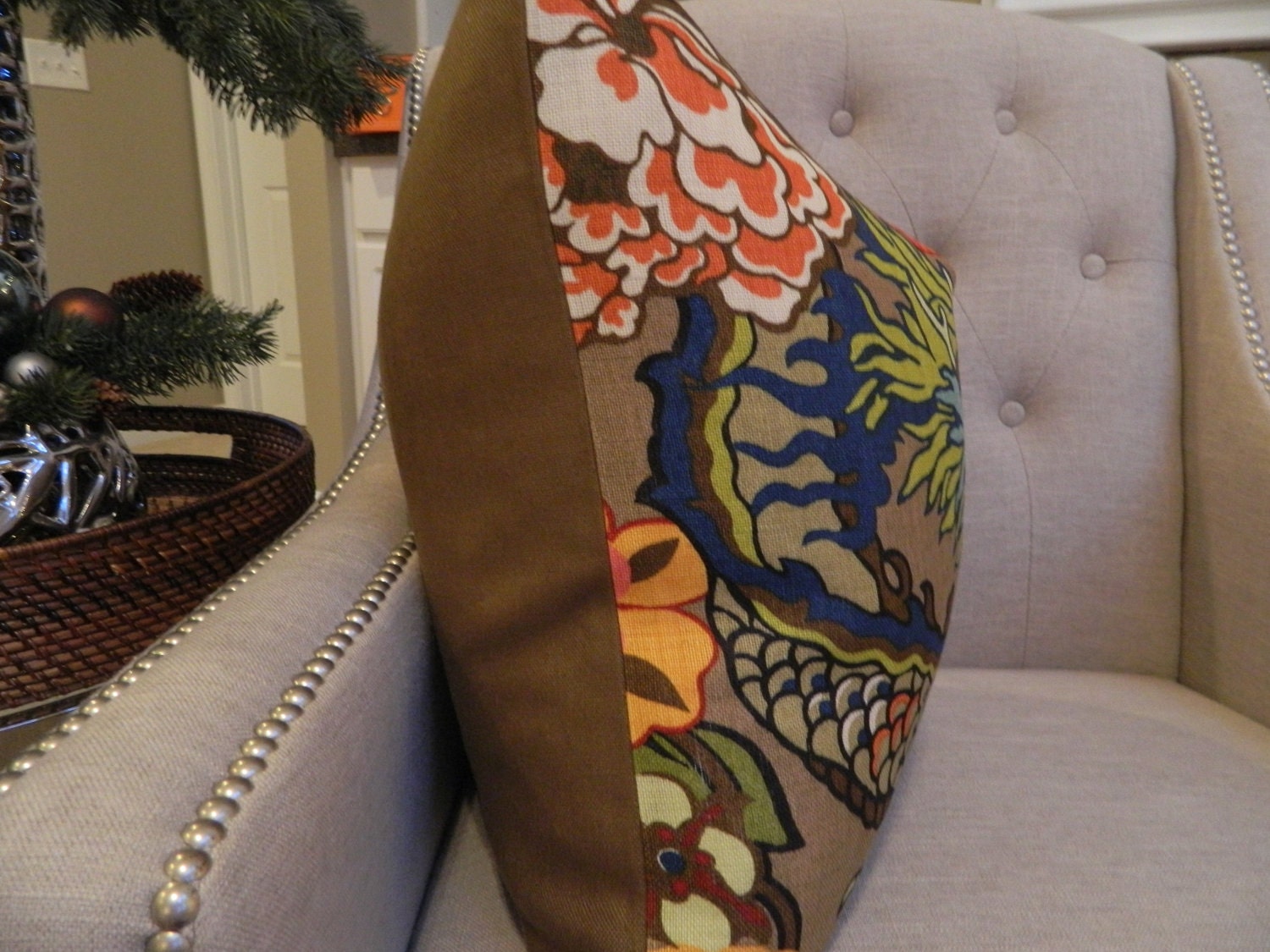 Decorative Designer Pillow Cover - 20X20 - Schumacher Chiang Mai Dragon in Mocha