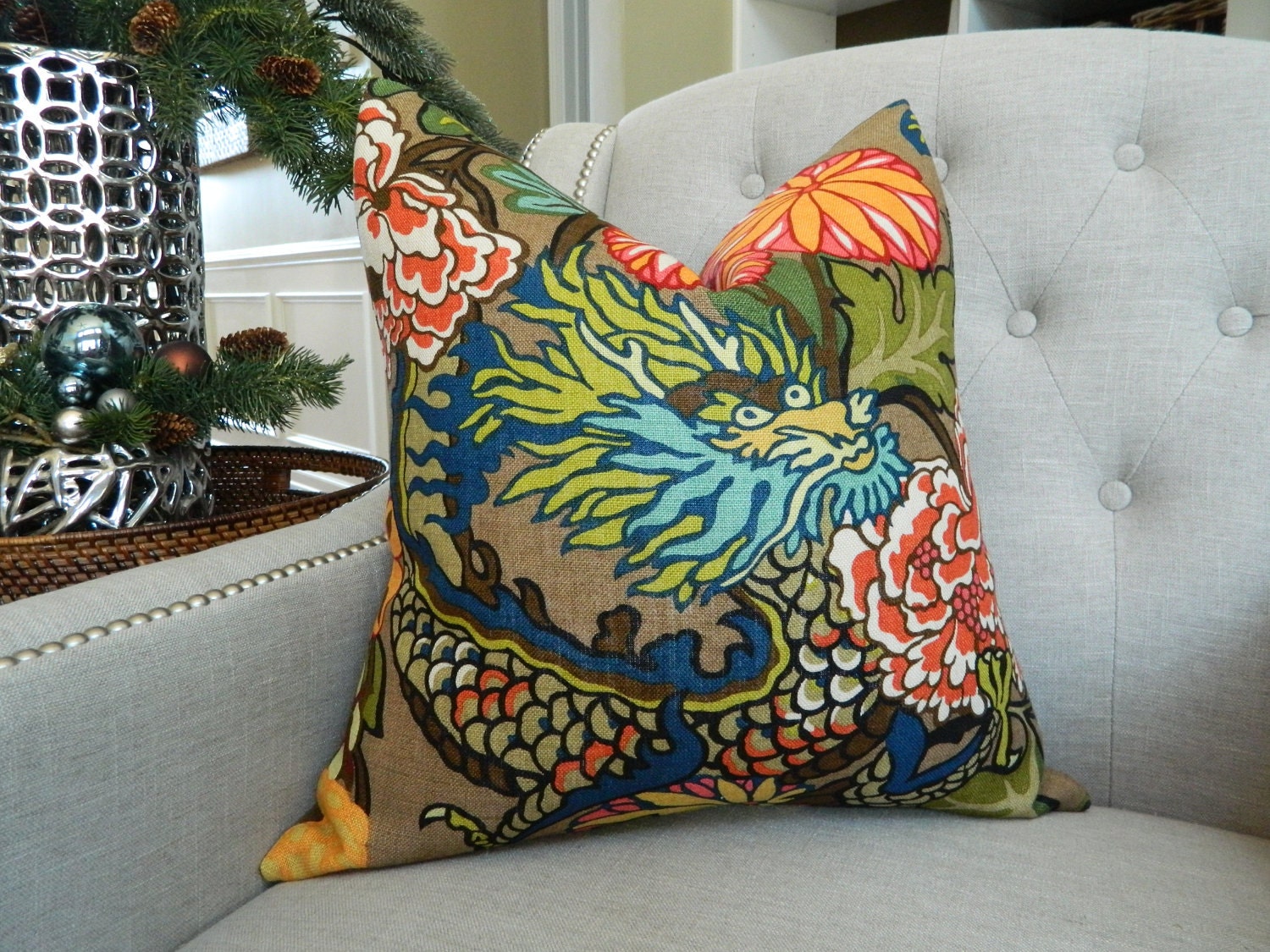 Decorative Designer Pillow Cover - 20X20 - Schumacher Chiang Mai Dragon in Mocha