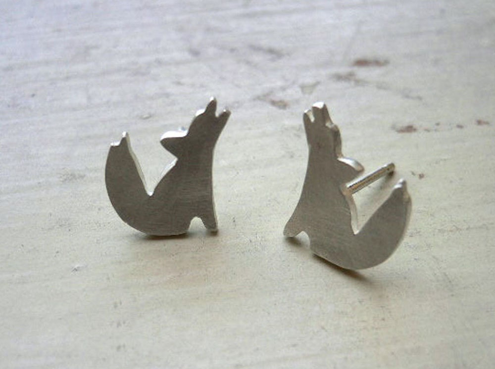 Silver Coyote Stud Earring - Howling Wolf Silhouette