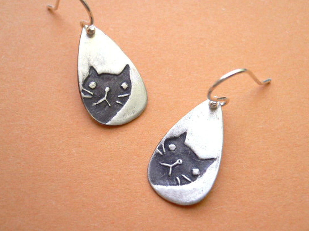 Peeking Cat Earrings - fine silver, lovely kitty jewelry
